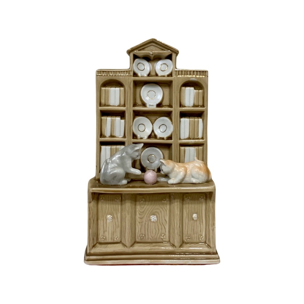 Mischievous Kitten Bookshelf Play Figurine, Gold Trim, Vintage - (1980's)